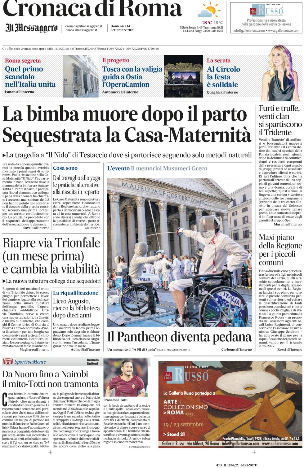Prima Pagina Cronaca di Roma (Il Messaggero) 14/09/2025