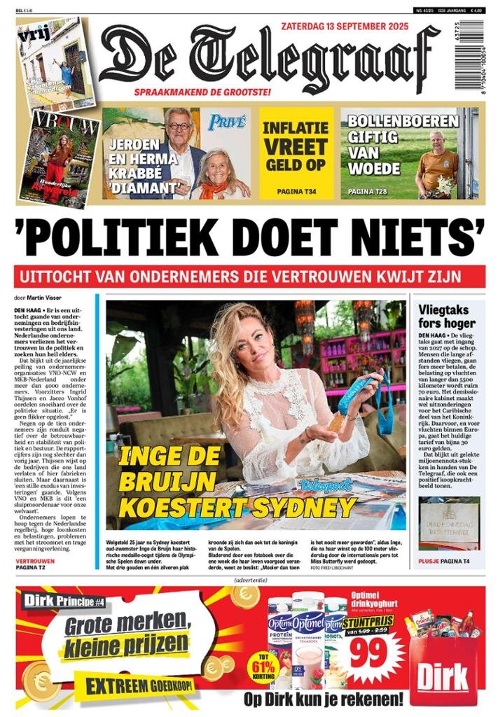 Prima Pagina De Telegraaf 13/09/2025