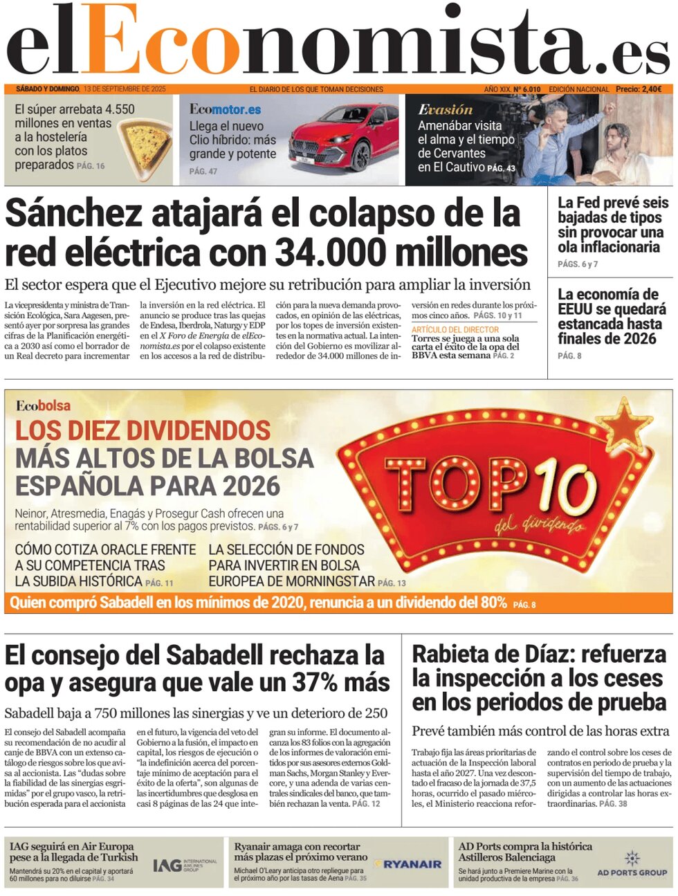 Prima Pagina El Economista 13/09/2025