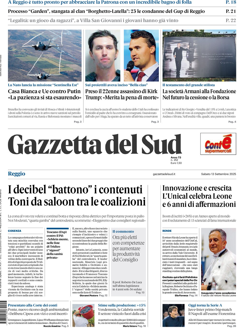 Prima Pagina Gazzetta del Sud (Reggio Calabria) 13/09/2025
