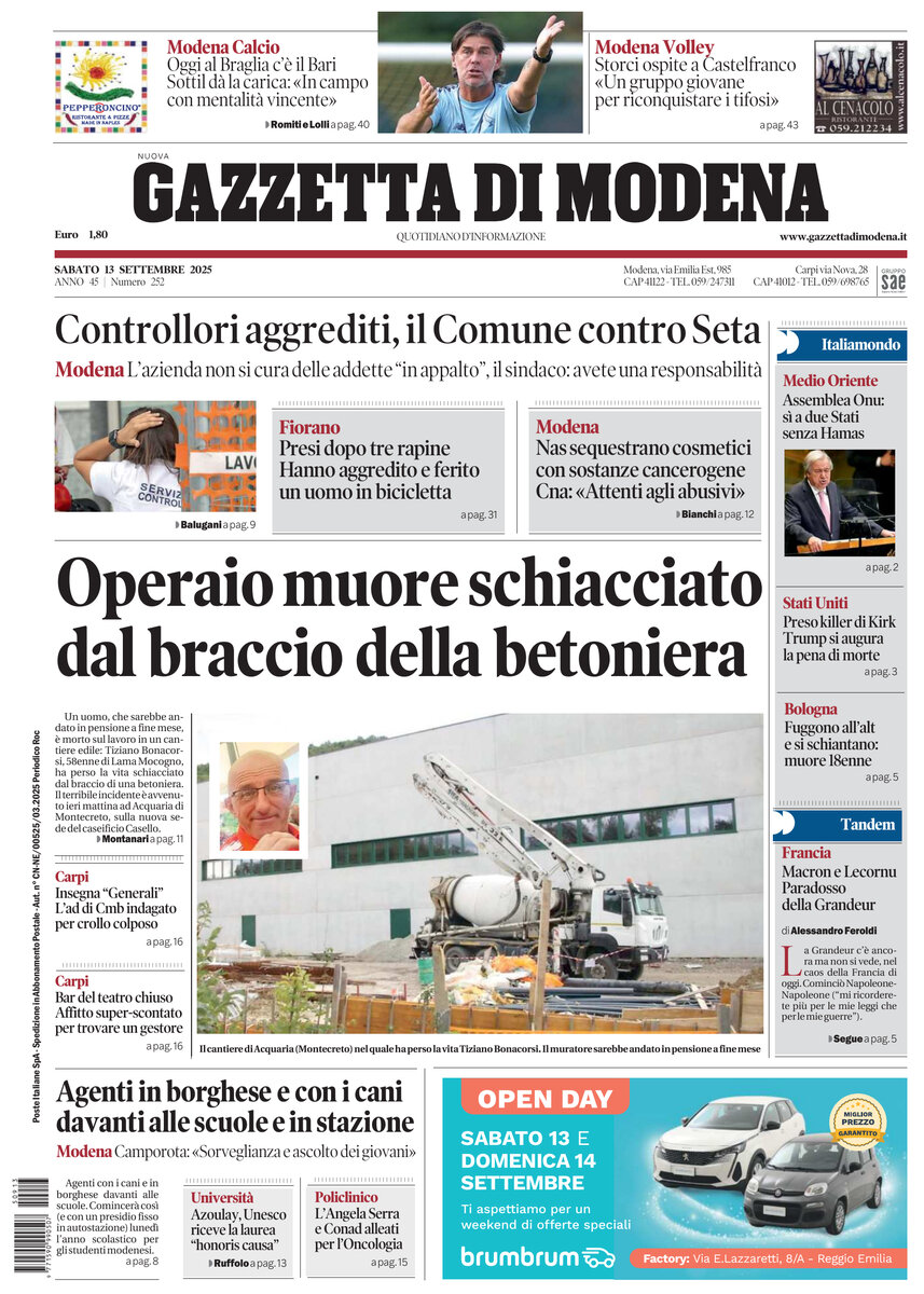 Prima Pagina Gazzetta di Modena 13/09/2025