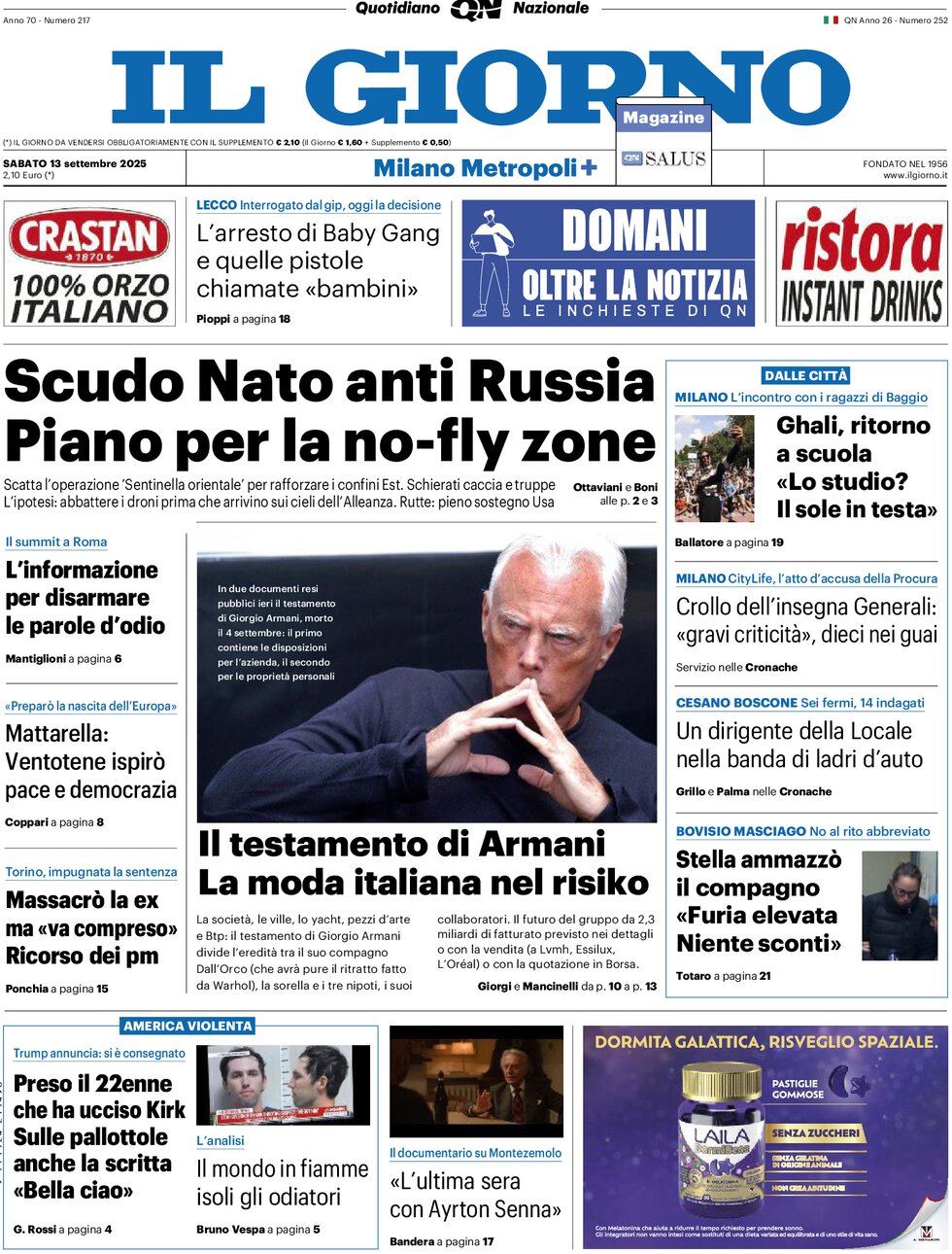 Prima Pagina Il Giorno (Milano Metropoli) 13/09/2025