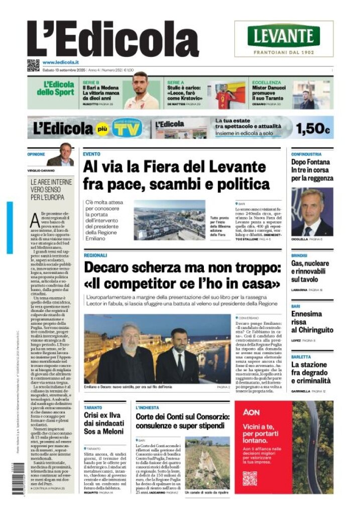 Prima Pagina L'Edicola (Bari) 13/09/2025