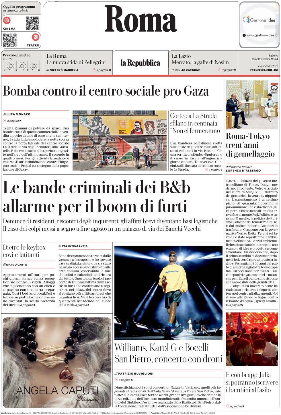Prima Pagina La Repubblica (Roma) 13/09/2025