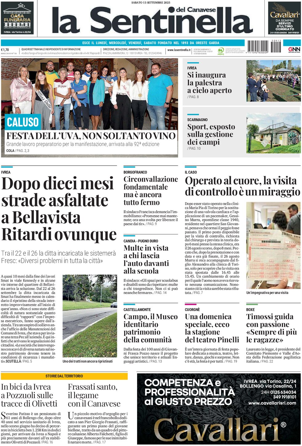 Prima Pagina La Sentinella del Canavese 13/09/2025