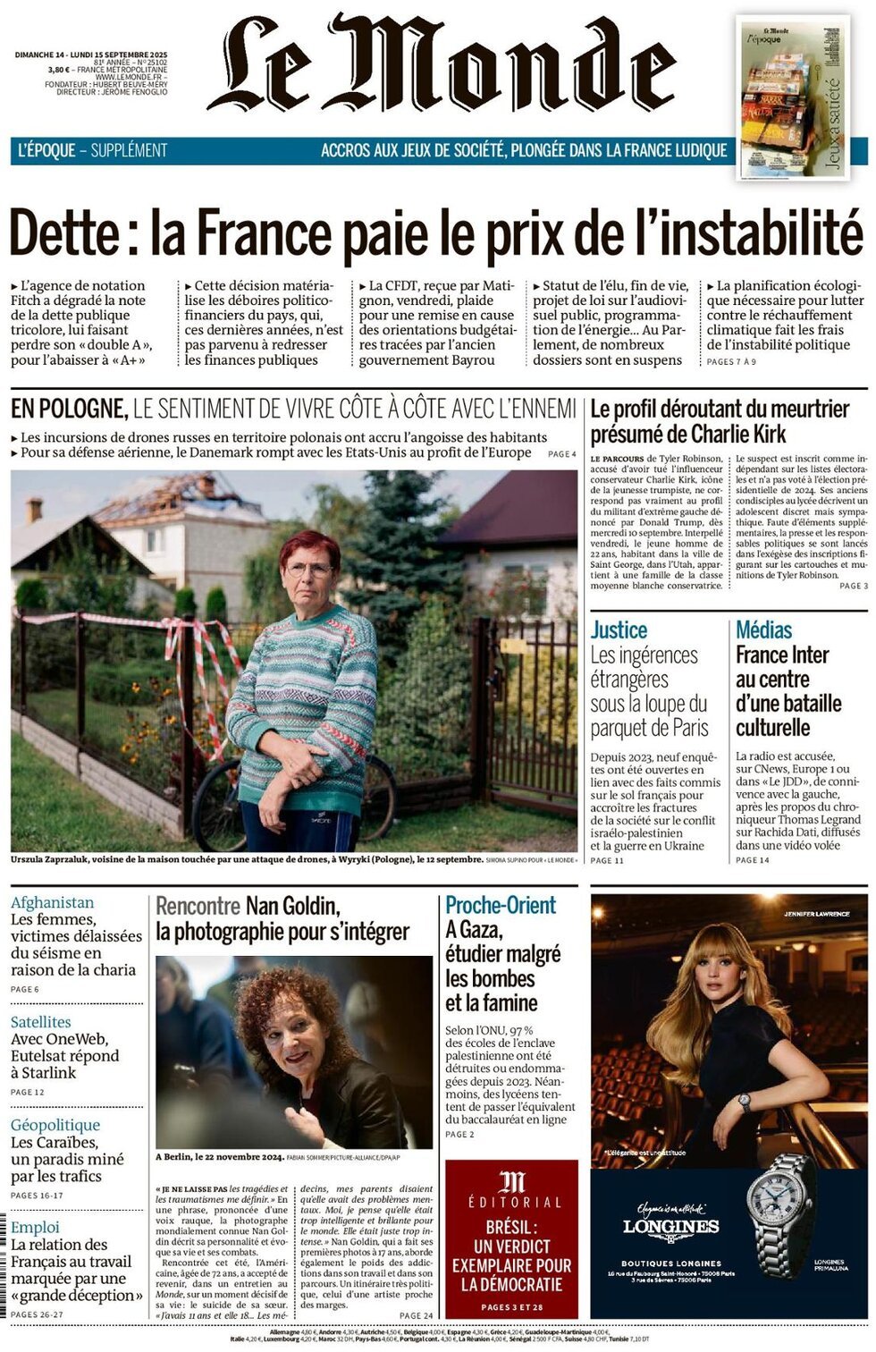 Prima Pagina Le Monde 15/09/2025