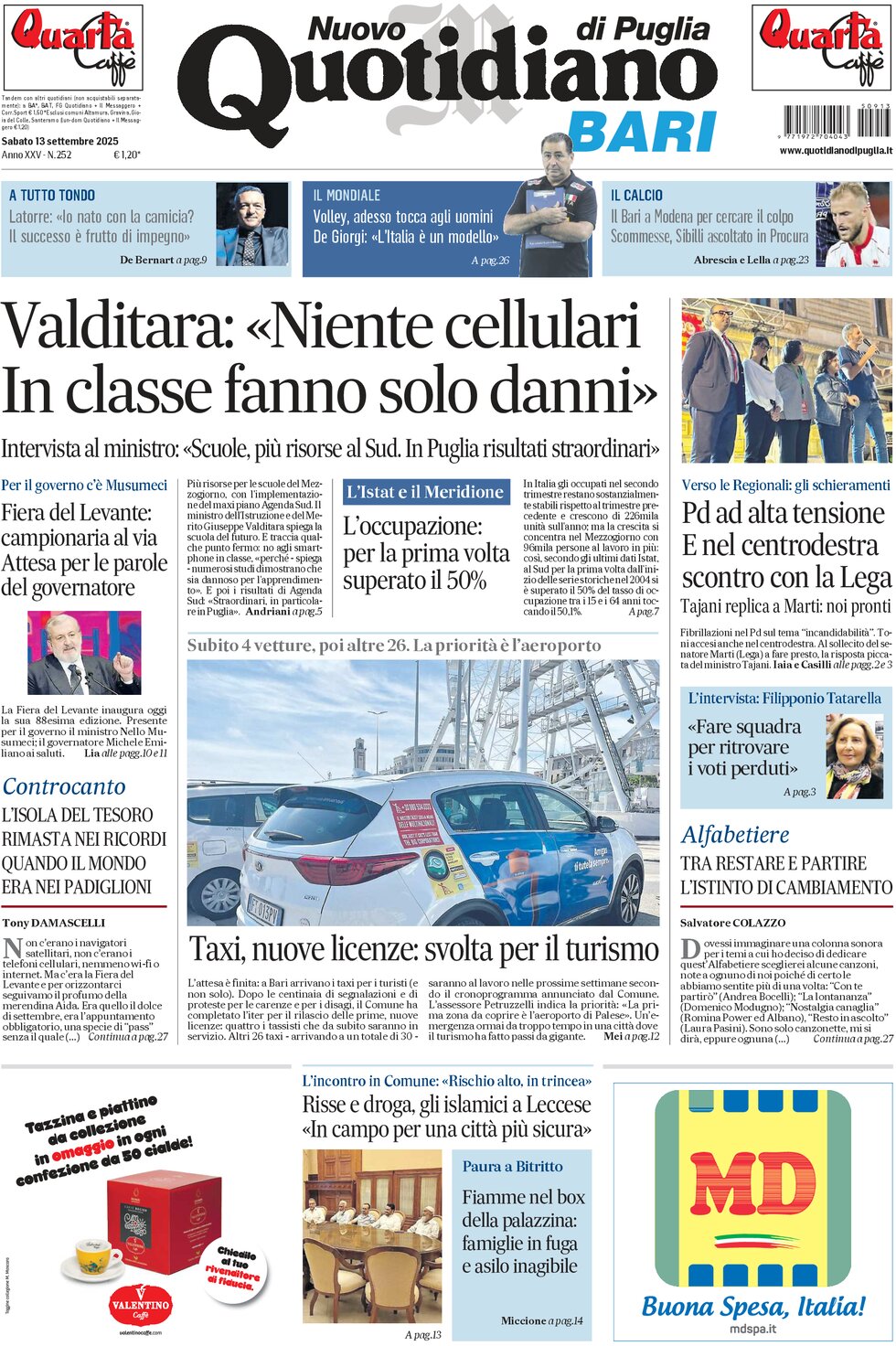 Prima Pagina Nuovo Quotidiano di Puglia (Bari) 13/09/2025