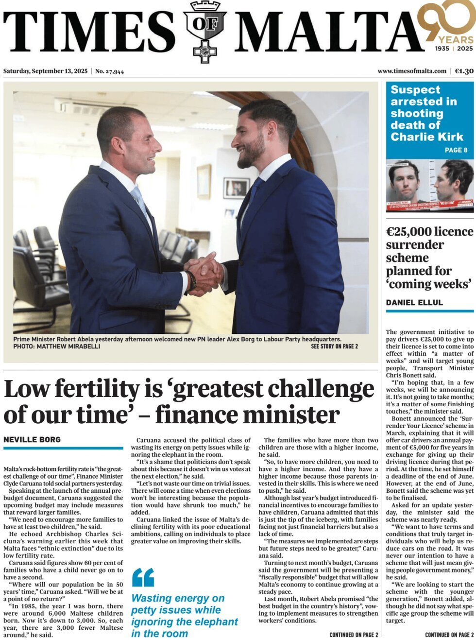 Prima Pagina Times of Malta 13/09/2025