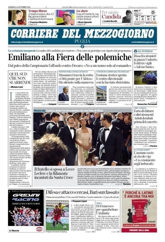 Prima Pagina Corriere del Mezzogiorno (Puglia) 14/09/2025