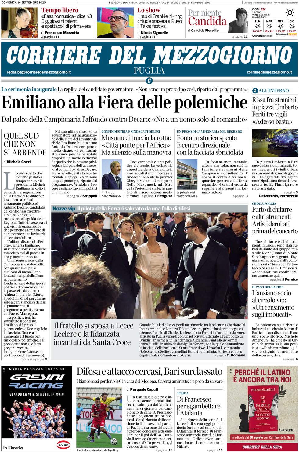 Prima Pagina Corriere del Mezzogiorno (Puglia) 14/09/2025