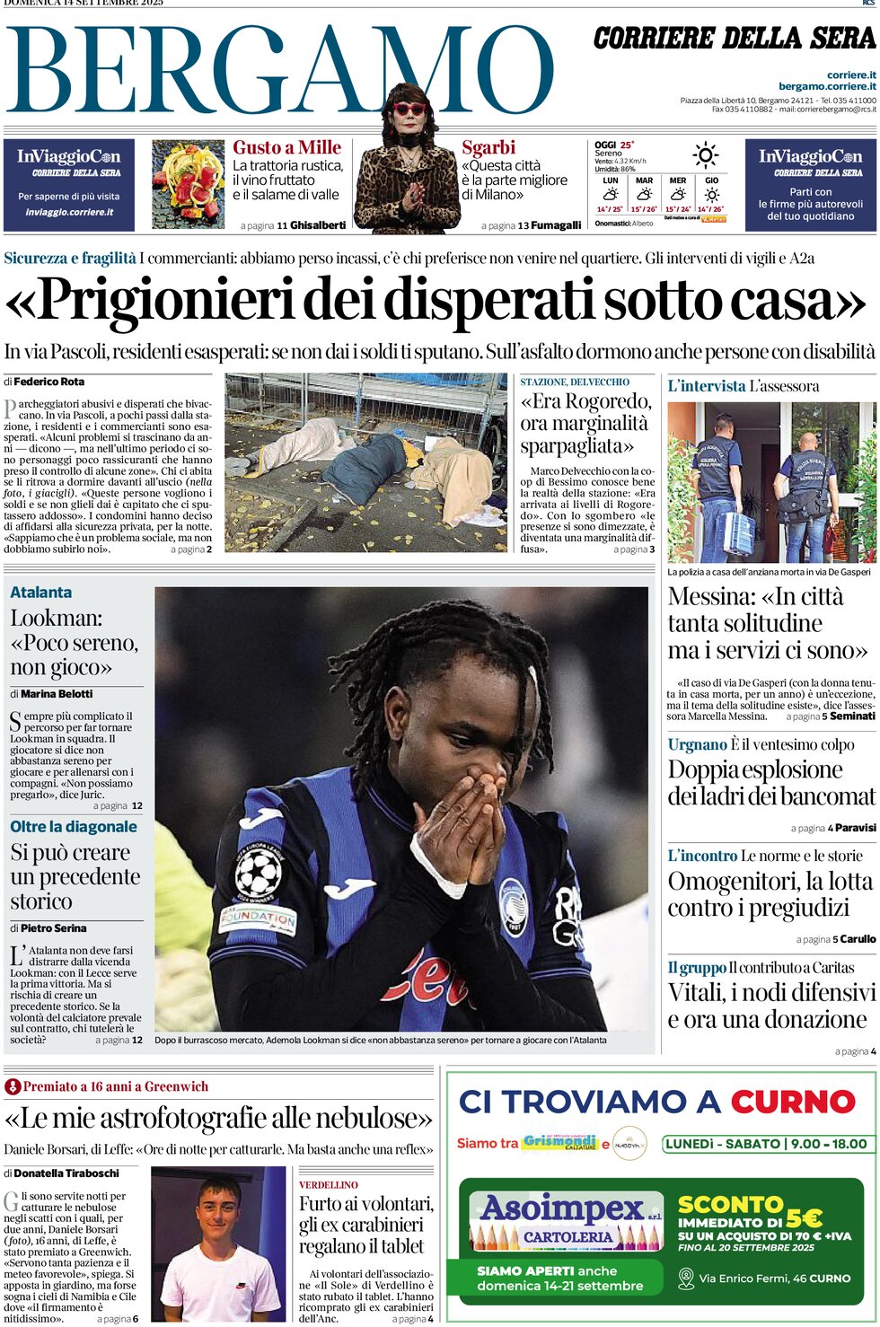 Prima Pagina Corriere della Sera (Bergamo) 14/09/2025