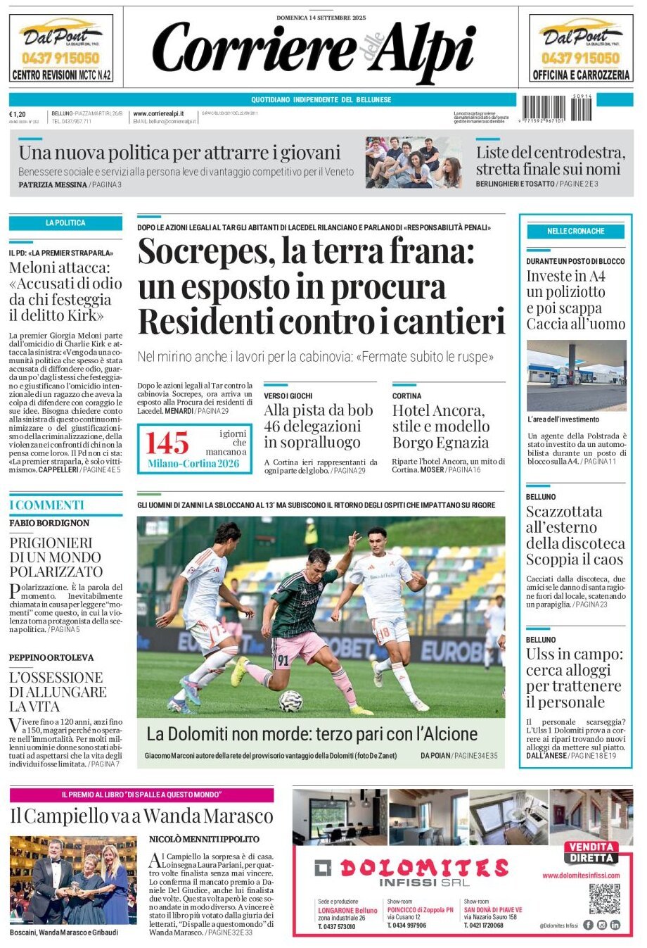 Prima Pagina Corriere delle Alpi (Belluno) 14/09/2025