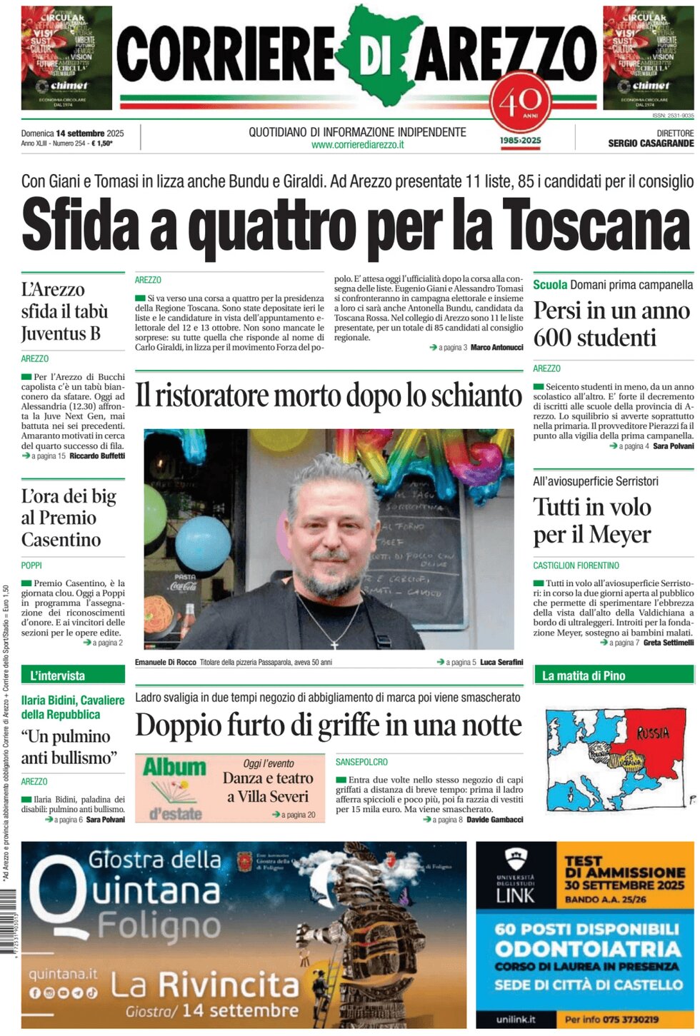 Prima Pagina Corriere di Arezzo 14/09/2025