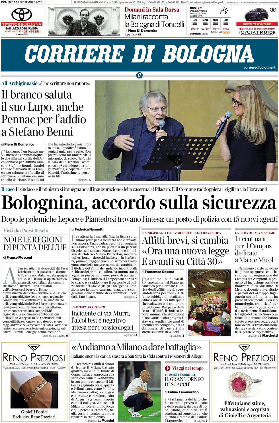 Prima Pagina Corriere di Bologna 14/09/2025