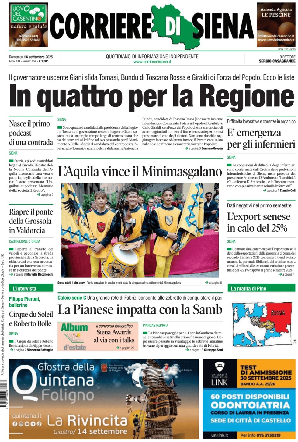 Prima Pagina Corriere di Siena 14/09/2025