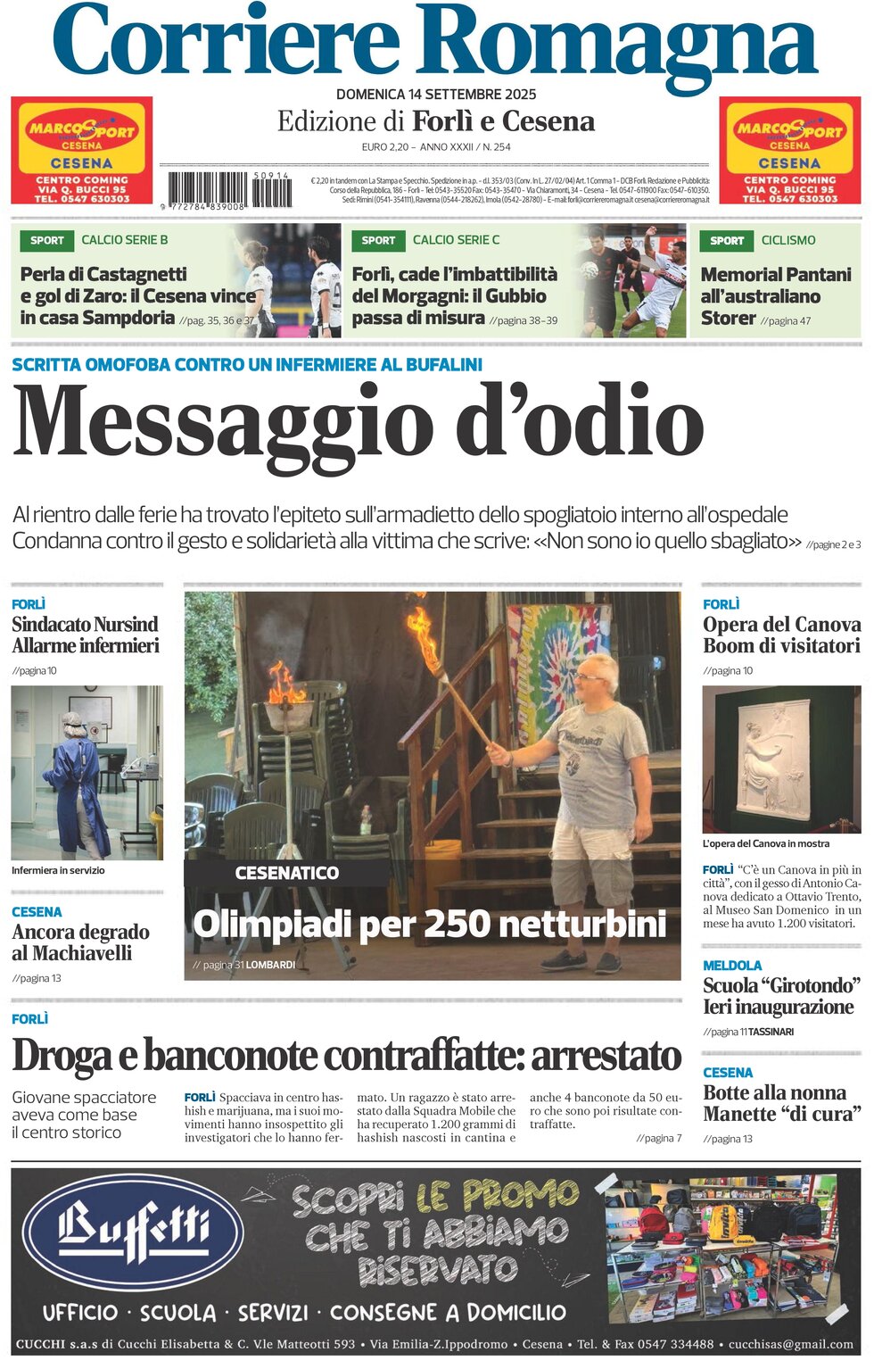 Prima Pagina Corriere Romagna (Forlì e Cesena) 14/09/2025
