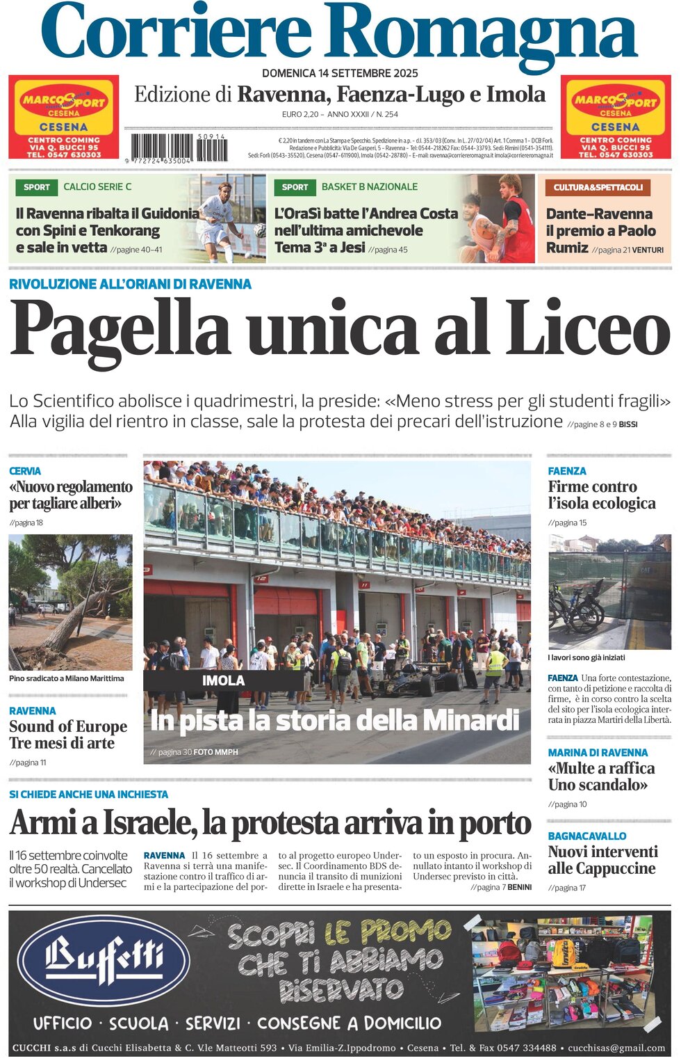 Prima Pagina Corriere Romagna (Ravenna e Imola) 14/09/2025