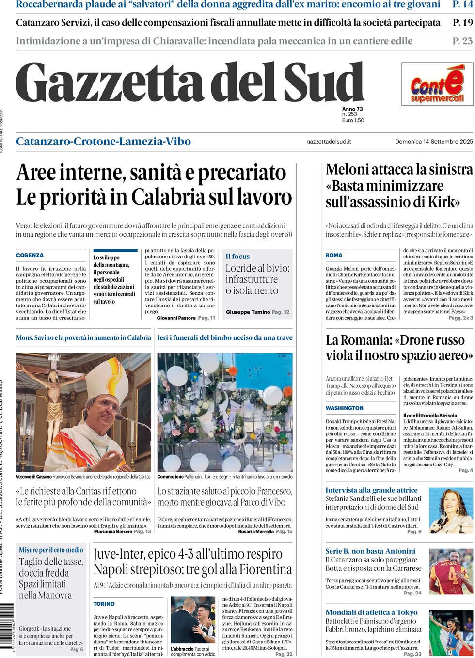 Prima Pagina Gazzetta del Sud (Catanzaro) 14/09/2025