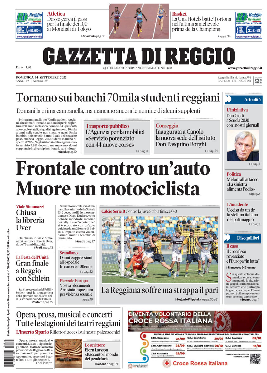 Prima Pagina Gazzetta di Reggio 14/09/2025