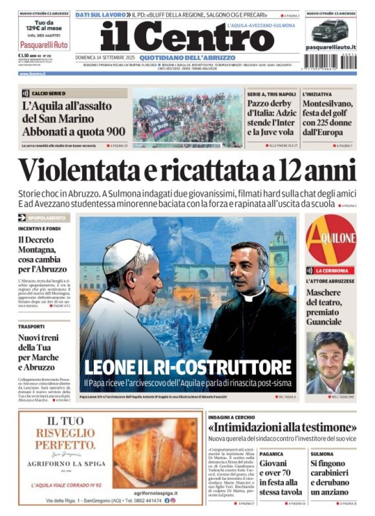 Prima Pagina Il Centro (L'Aquila) 14/09/2025