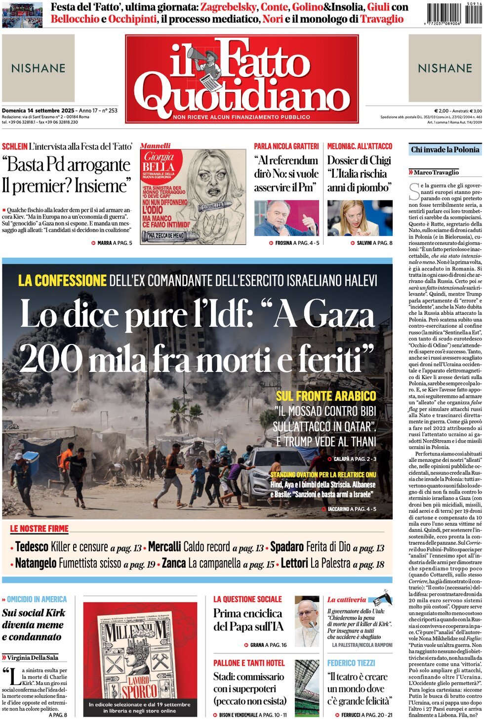 Prima Pagina Il Fatto Quotidiano 14/09/2025
