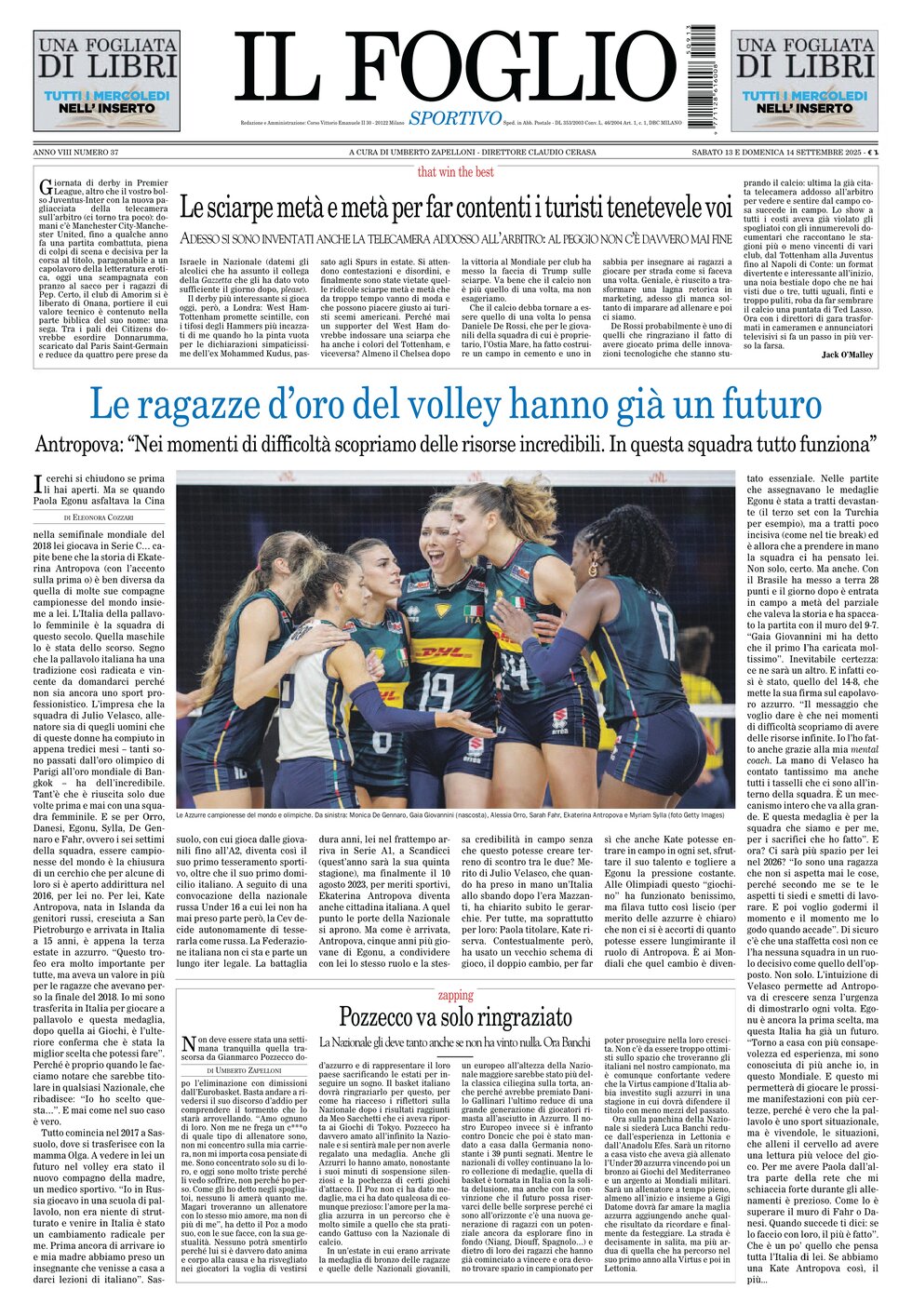 Copertina Il Foglio Sportivo 14/09/2025