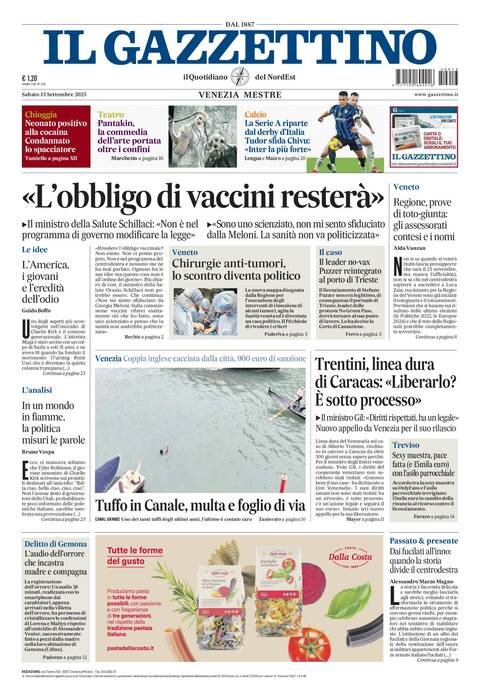 Prima Pagina Il Gazzettino 14/09/2025
