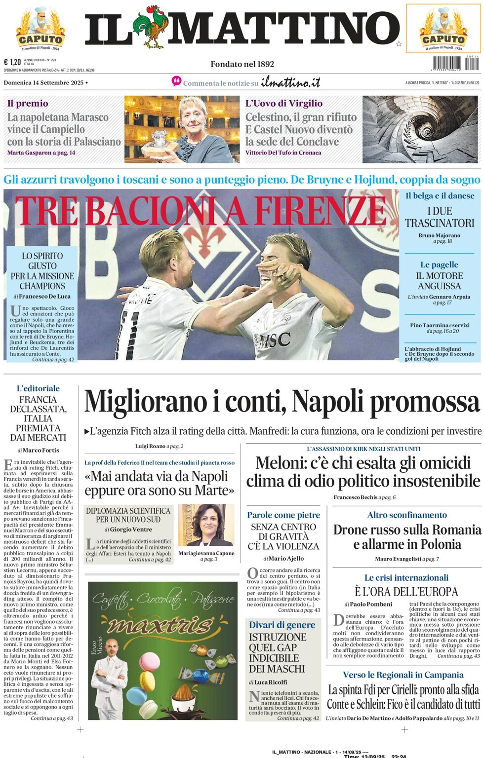 Prima Pagina Il Mattino 14/09/2025