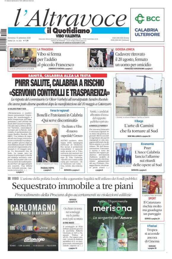 Prima Pagina Il Quotidiano del Sud (Vibo Valentia) 14/09/2025
