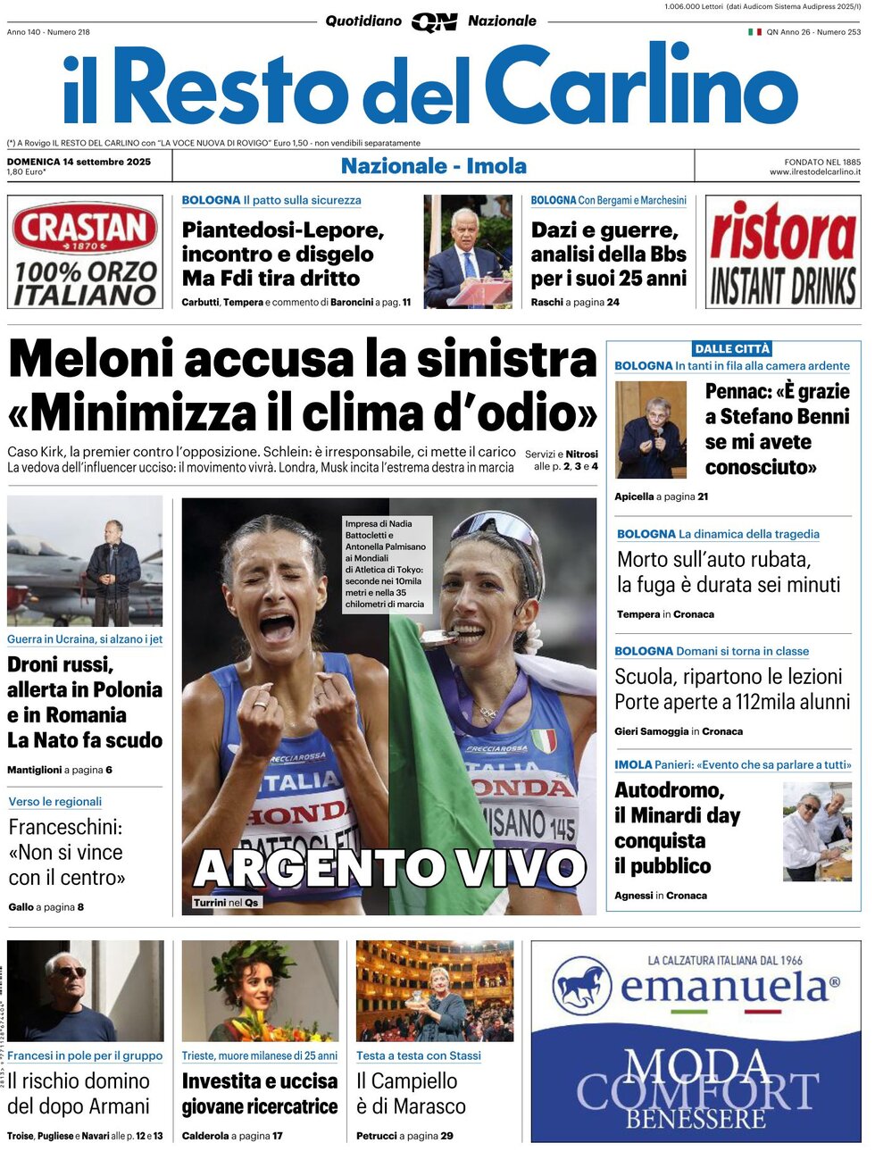 Prima Pagina Il Resto del Carlino 14/09/2025