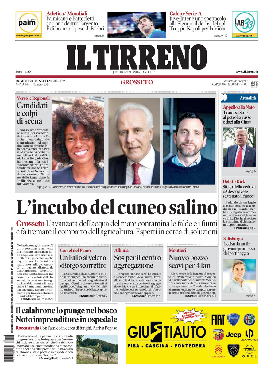 Prima Pagina Il Tirreno (Grosseto) 14/09/2025