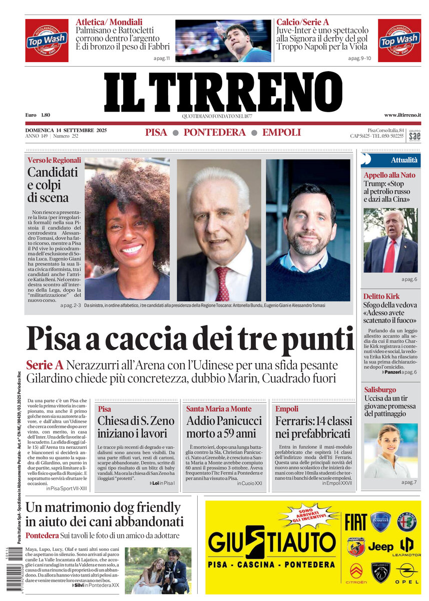 Prima Pagina Il Tirreno (Pisa, Pontedera) 14/09/2025