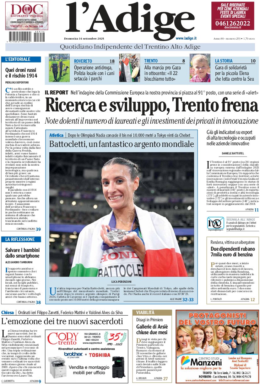 Prima Pagina L'Adige 14/09/2025