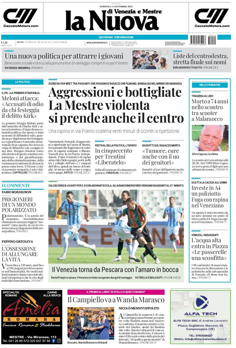 Prima Pagina La Nuova di Venezia e Mestre 14/09/2025