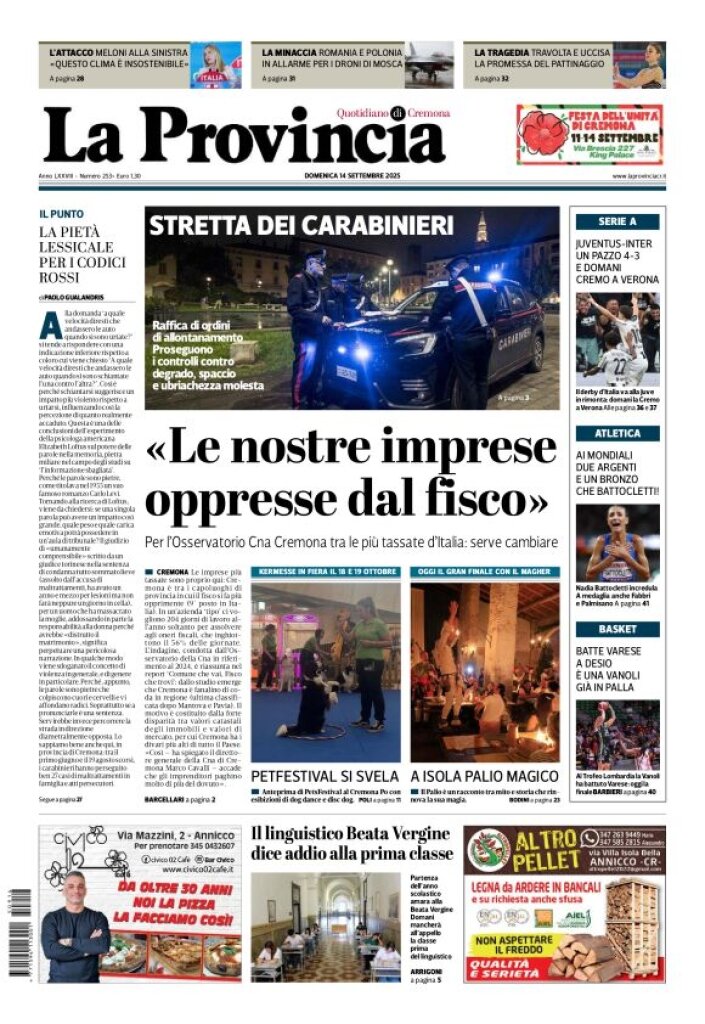 Prima Pagina La Provincia di Cremona 14/09/2025