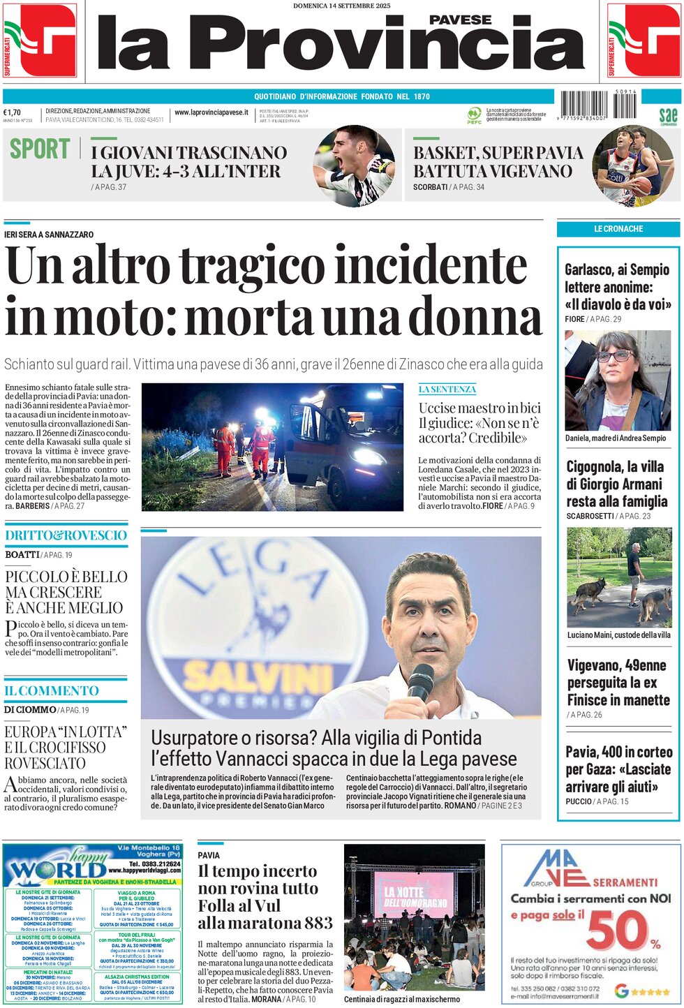 Prima Pagina La Provincia Pavese 14/09/2025