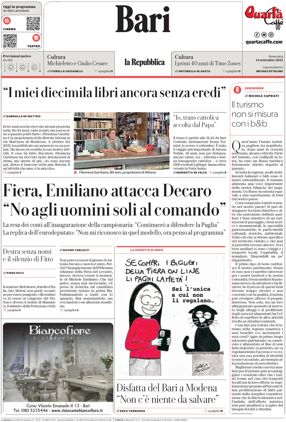 Prima Pagina La Repubblica (Bari) 14/09/2025