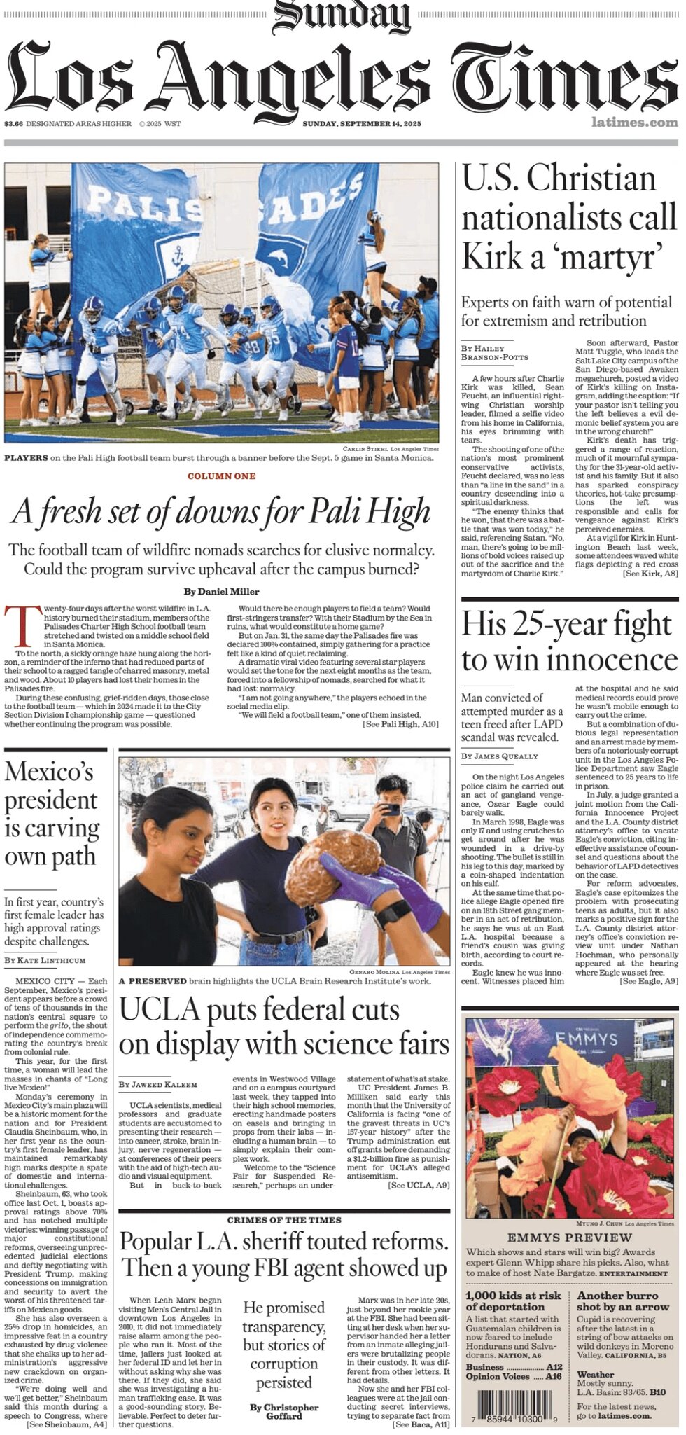 Prima Pagina Los Angeles Times 14/09/2025