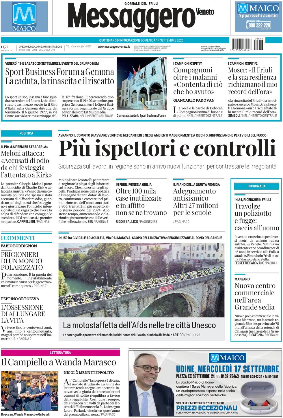 Prima Pagina Messaggero Veneto (Udine) 14/09/2025