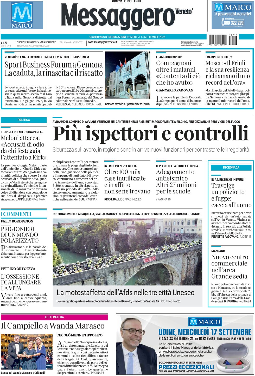 Prima Pagina Messaggero Veneto (Gorizia) 14/09/2025