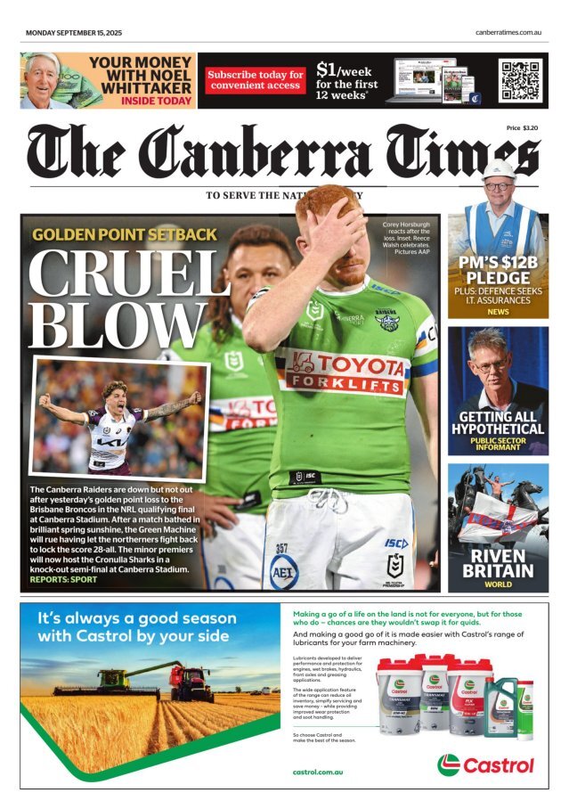 Prima Pagina The Canberra Times 15/09/2025