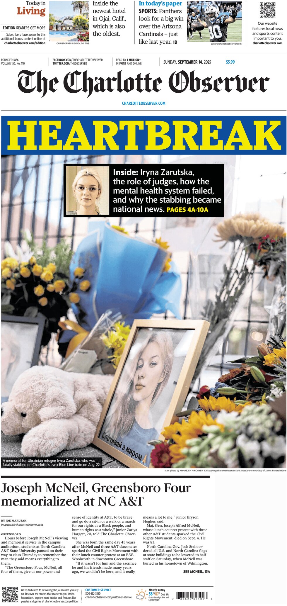 Prima Pagina The Charlotte Observer 14/09/2025