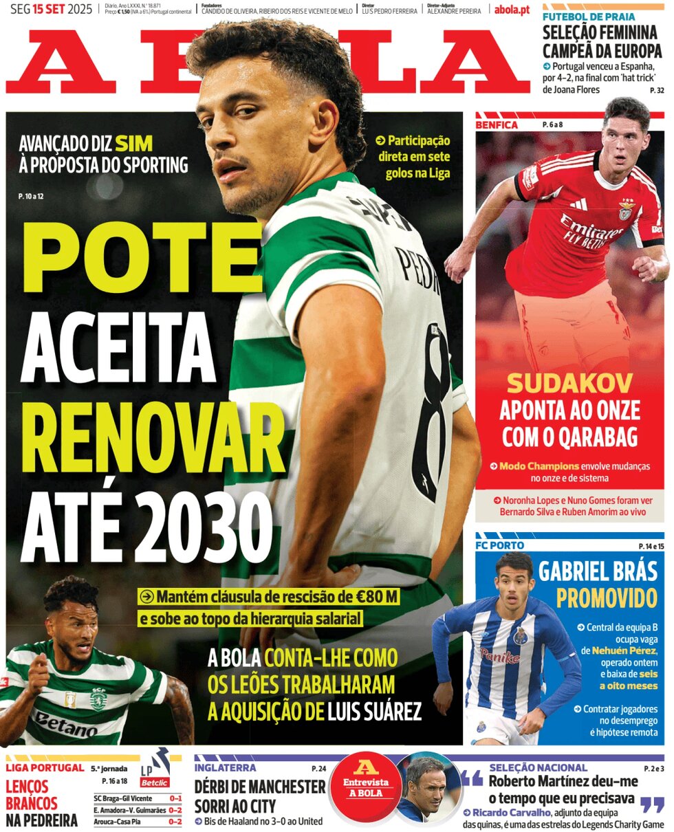 Prima Pagina A Bola 15/09/2025