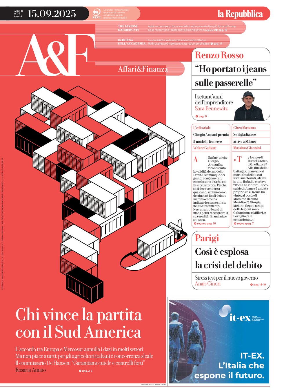 Copertina Affari & Finanza (la Repubblica) 15/09/2025