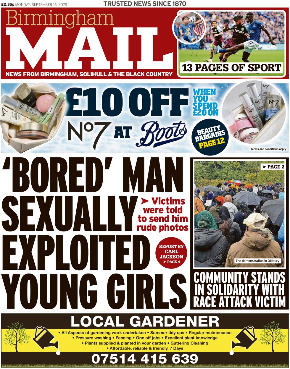 Prima Pagina Birmingham Mail 15/09/2025