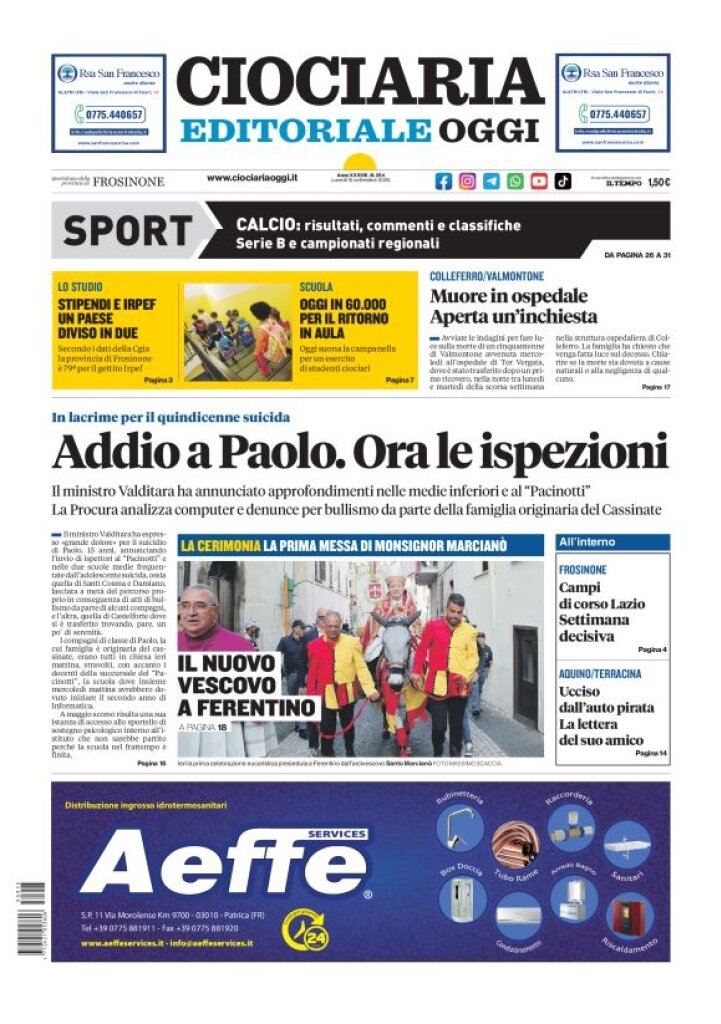 Prima Pagina Ciociaria Editoriale Oggi 15/09/2025
