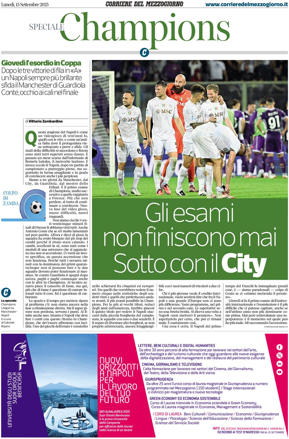 Prima Pagina Corriere del Mezzogiorno (Campania) 15/09/2025