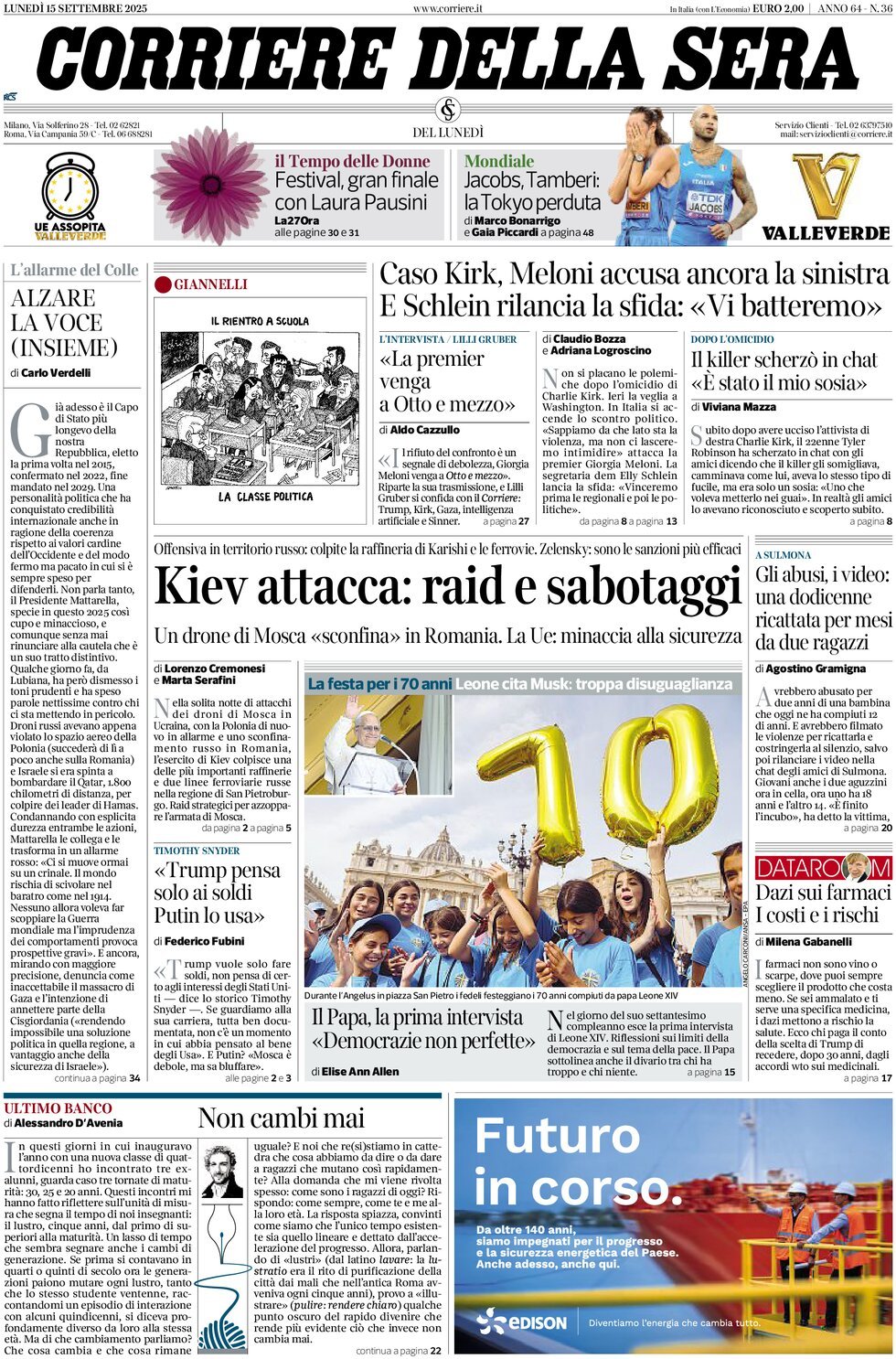Prima Pagina Corriere della Sera 15/09/2025