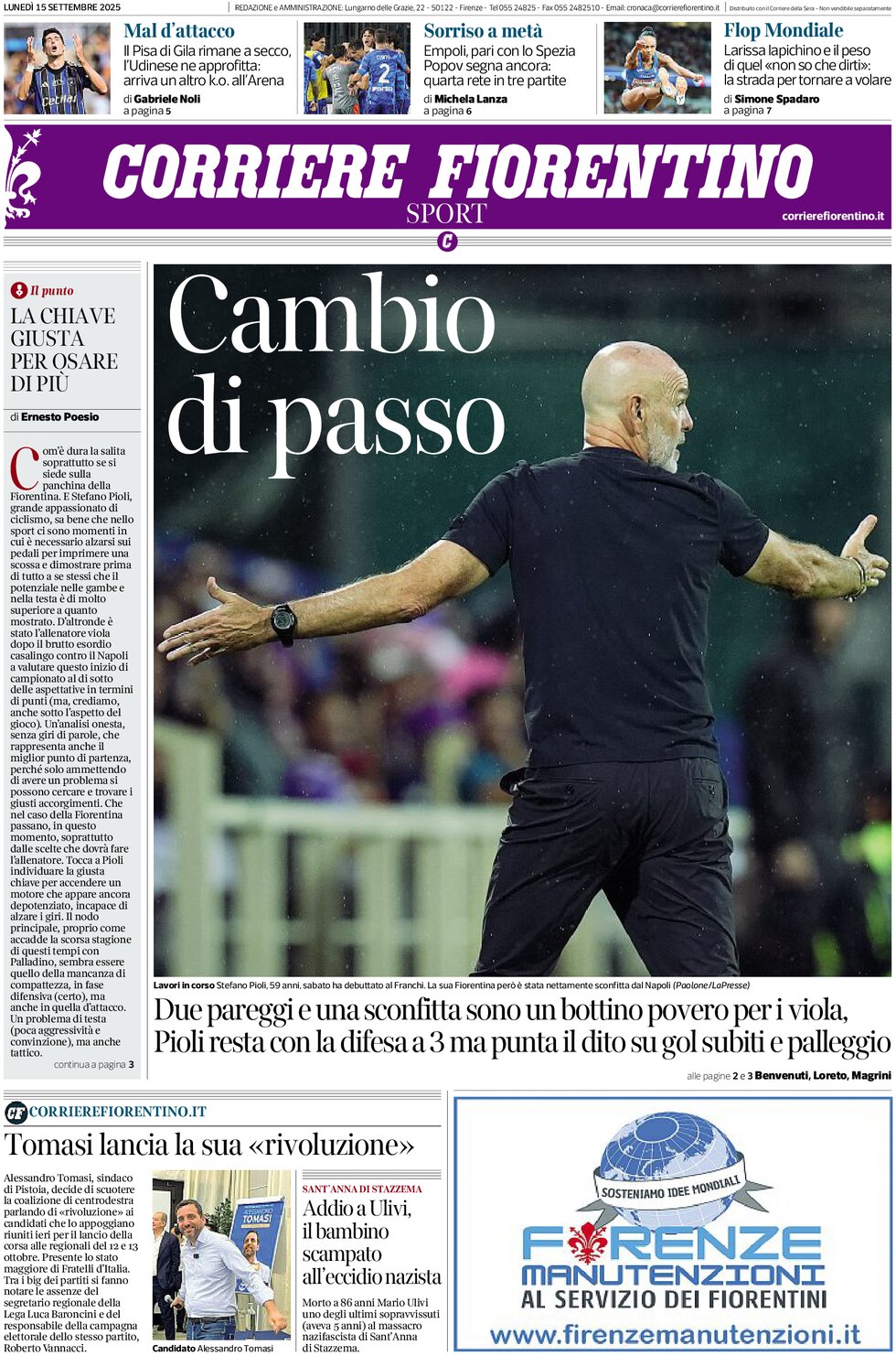 Prima Pagina Corriere Fiorentino 15/09/2025