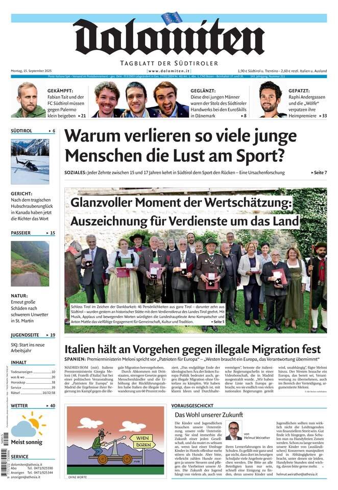 Prima Pagina Dolomiten 15/09/2025